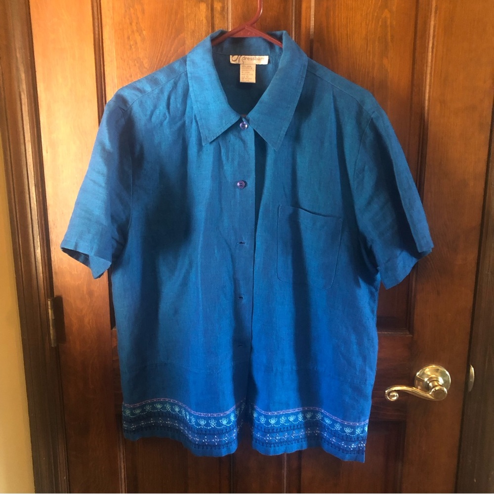 Peacock Blue 100% Linen Boho Lagenlook Embroidered Shirt Size 12